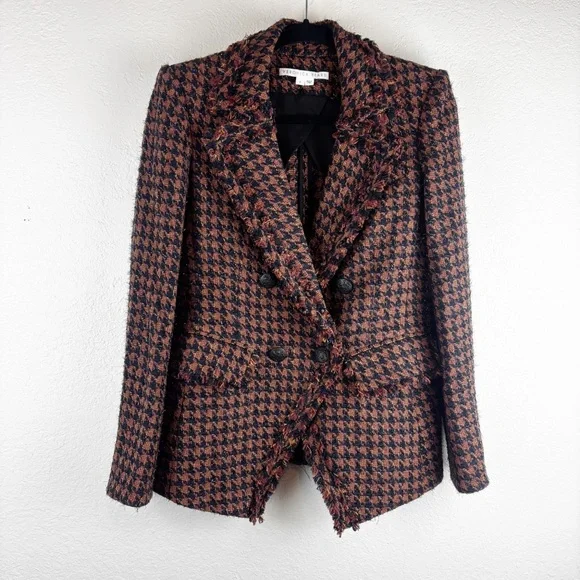 Veronica Beard Taja Houndstooth Plaid Tweed Double Breasted Blazer Jacket Black